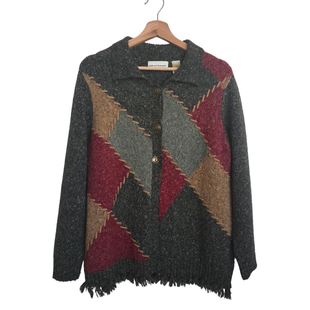 Alfred Dunner Color Block Fringe Knit Button Up Sweater Cardigan Cabincore LARGE